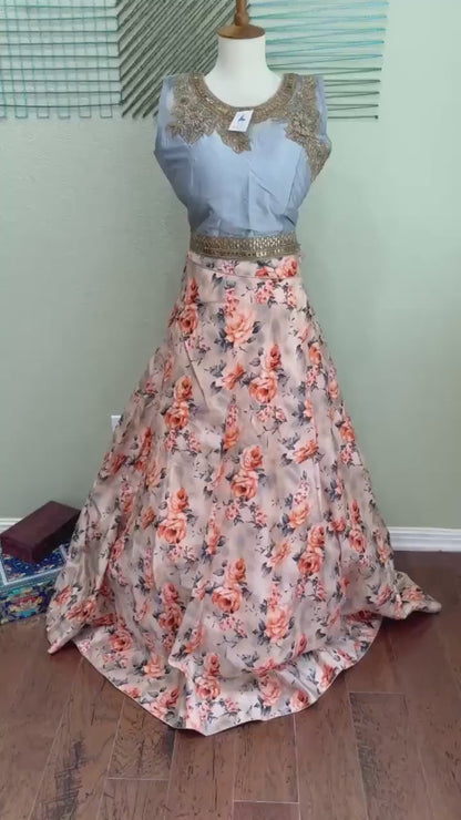 Crop Top | Designer Lehenga | Mehendi & Haldi Lehenga Choli | Blue Beige Lehenga Set | Indian Wedding Guest Outfit | Pre Wedding Ceremony Dress