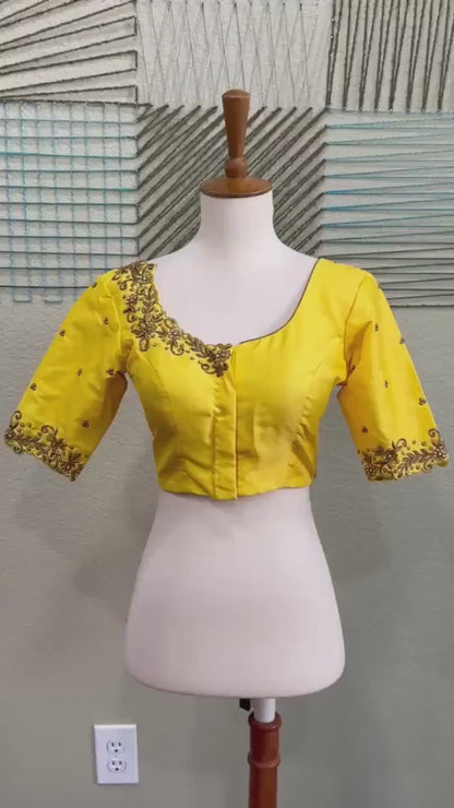 Maggam work Blouse for Saree – Yellow Blouse- Artisan Silk Blouse – Festive & Wedding Ethnic Wear