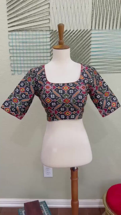 Maggam work Blouse for Saree – Black printed Blouse- Artisan Silk Blouse – Festive & Wedding Ethnic Wear