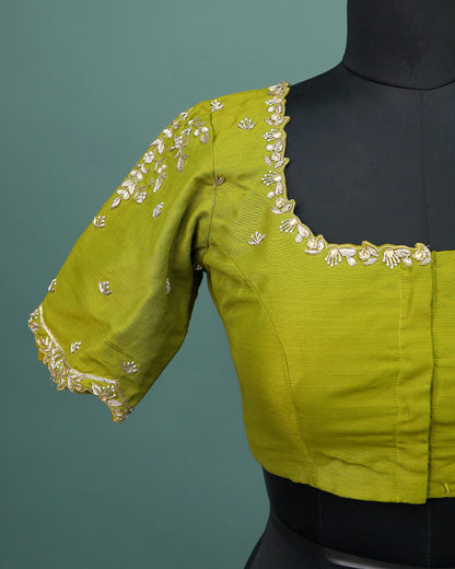 Maggam work Blouse for Saree – Olive Green Blouse- Artisan Silk Blouse – Festive & Wedding Ethnic Wear
