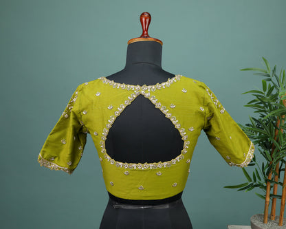 Maggam work Blouse for Saree – Olive Green Blouse- Artisan Silk Blouse – Festive & Wedding Ethnic Wear