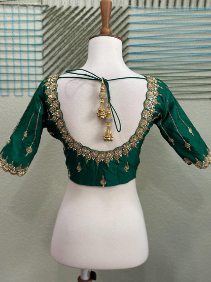 Maggam work Blouse for Saree – Green Blouse- Artisan Silk Blouse – Festive & Wedding Ethnic Wear