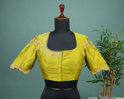 Maggam work Blouse for Saree – Olive Green Blouse- Artisan Silk Blouse – Festive & Wedding Ethnic Wear