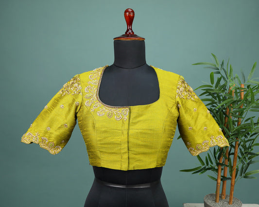 Maggam work Blouse for Saree – Olive Green Blouse- Artisan Silk Blouse – Festive & Wedding Ethnic Wear