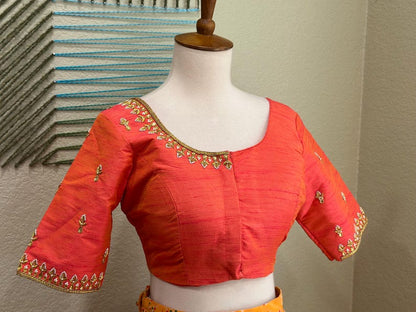 Maggam work Blouse for Saree – Orange Blouse- Artisan Silk Blouse – Festive & Wedding Ethnic Wear