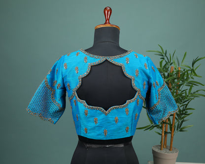 Maggam work Blouse for Saree – Blue Blouse- Artisan Silk Blouse – Festive & Wedding Ethnic Wear