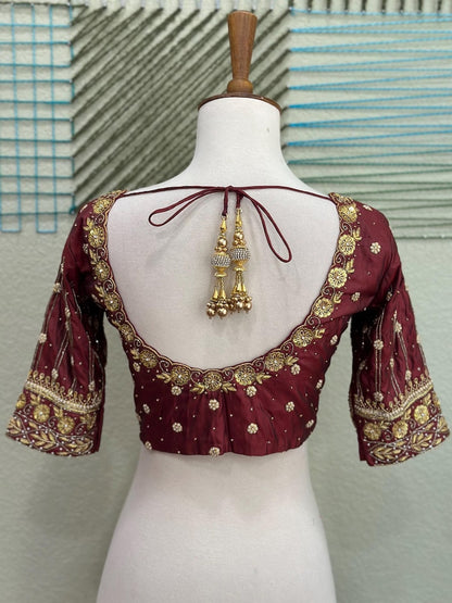 Maggam work Blouse for Saree – Maroon Blouse- Artisan Silk Blouse – Festive & Wedding Ethnic Wear