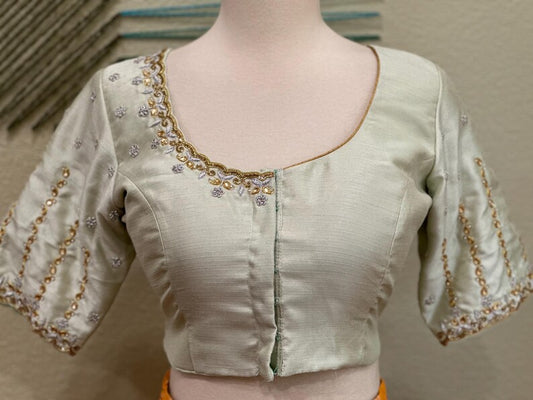 Maggam work Blouse for Saree – silver Blouse- Artisan Silk Blouse – Festive & Wedding Ethnic Wear