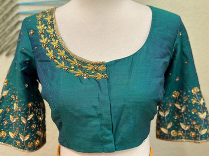 Maggam work Blouse for Saree – Green Blouse- Artisan Silk Blouse – Festive & Wedding Ethnic Wear
