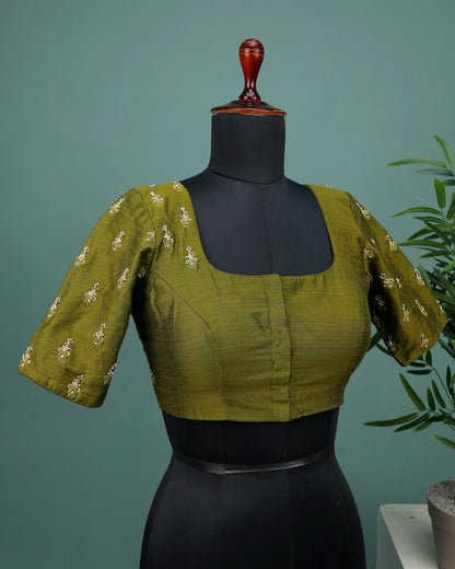 Maggam work Blouse for Saree – Olive Green Blouse- Artisan Silk Blouse – Festive & Wedding Ethnic Wear