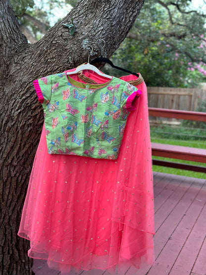 Crop Top | Designer Lehenga | Mehendi & Haldi Lehenga Choli | green pink Lehenga Set | Indian Wedding Guest Outfit | Pre Wedding Ceremony Dress