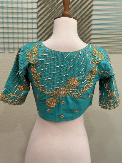 Maggam work Blouse for Saree – Blue Blouse- Artisan Silk Blouse – Festive & Wedding Ethnic Wear