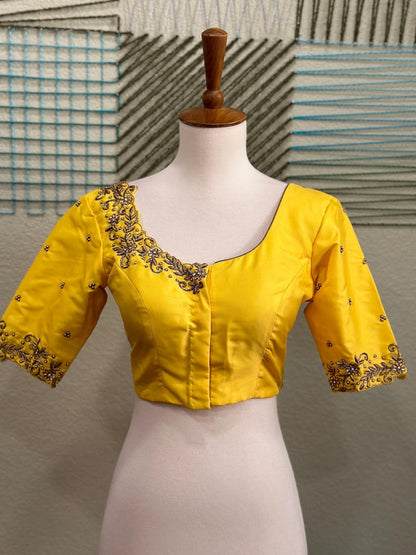 Maggam work Blouse for Saree – Yellow Blouse- Artisan Silk Blouse – Festive & Wedding Ethnic Wear