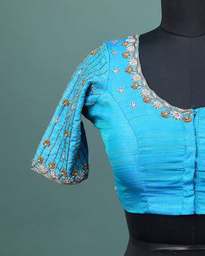 Maggam work Blouse for Saree – Blue Blouse- Artisan Silk Blouse – Festive & Wedding Ethnic Wear