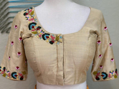 Maggam work Blouse for Saree – Beige Blouse - Artisan Silk Blouse – Festive & Wedding Ethnic Wear