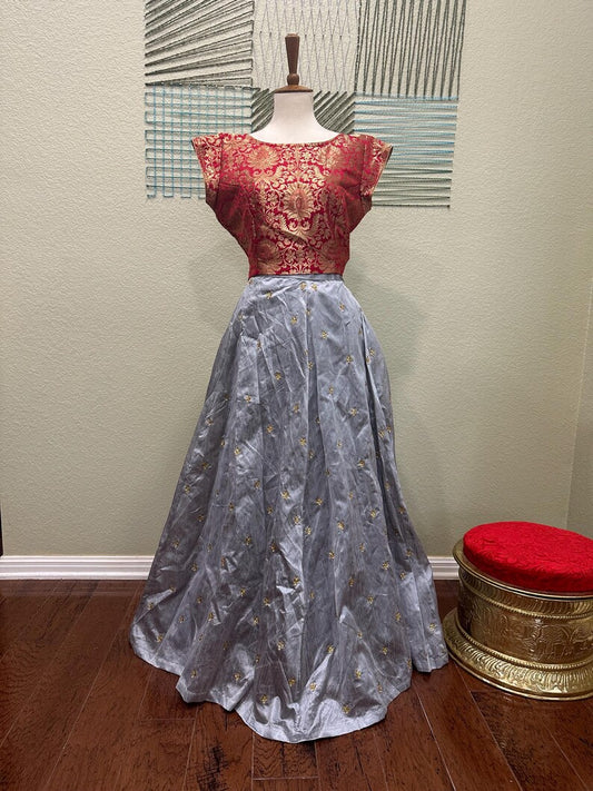 Crop Top | Designer Lehenga | Mehendi & Haldi Lehenga Choli |  Red Grey Lehenga set| Indian Wedding Guest Outfit | Pre Wedding Ceremony Dress