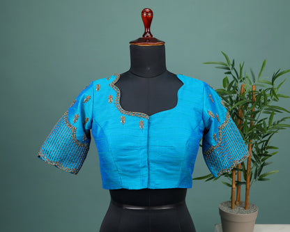 Maggam work Blouse for Saree – Blue Blouse- Artisan Silk Blouse – Festive & Wedding Ethnic Wear