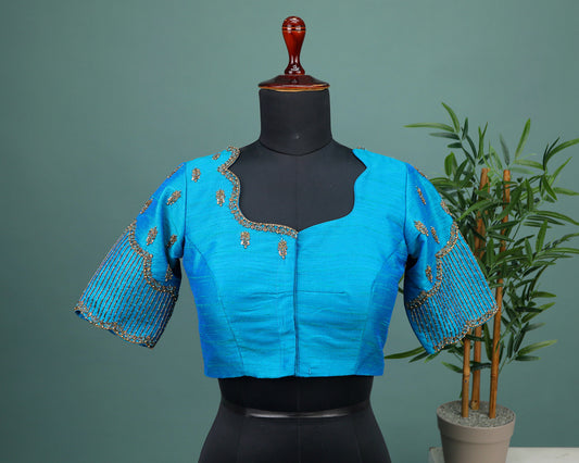 Maggam work Blouse for Saree – Blue Blouse- Artisan Silk Blouse – Festive & Wedding Ethnic Wear