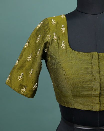 Maggam work Blouse for Saree – Olive Green Blouse- Artisan Silk Blouse – Festive & Wedding Ethnic Wear