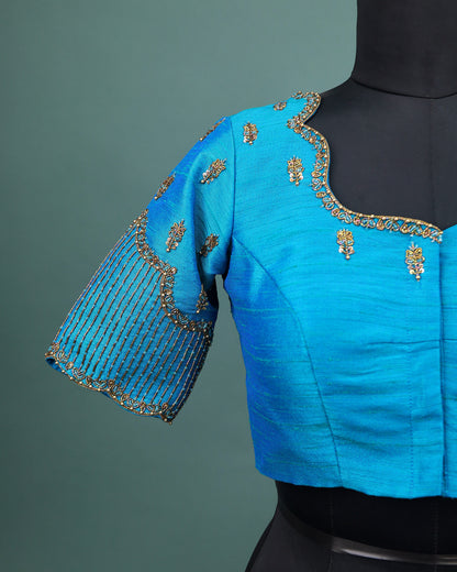 Maggam work Blouse for Saree – Blue Blouse- Artisan Silk Blouse – Festive & Wedding Ethnic Wear