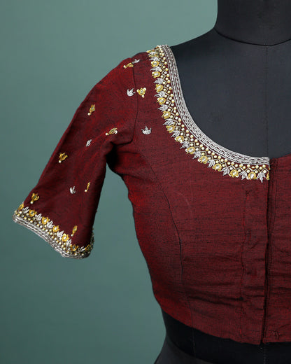 Maggam work Blouse for Saree – Maroon Blouse- Artisan Silk Blouse – Festive & Wedding Ethnic Wear