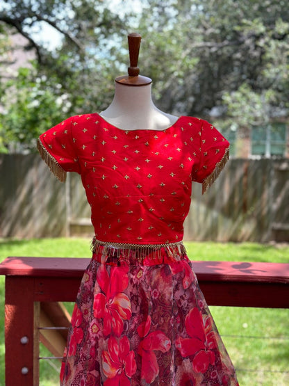 Crop Top | Designer Lehenga | Mehendi & Haldi Lehenga Choli | Red Floral Printed Lehenga Set |Indian Wedding Guest Outfit | Pre Wedding Ceremony Dress