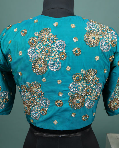 Maggam work Blouse for Saree – Blue Blouse- Artisan Silk Blouse – Festive & Wedding Ethnic Wear