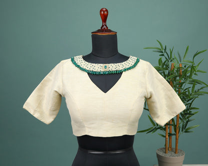 Maggam work Blouse for Saree – Cream Blouse- Artisan Silk Blouse – Festive & Wedding Ethnic Wear