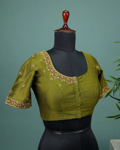 Maggam work Blouse for Saree – Olive Green Blouse- Artisan Silk Blouse – Festive & Wedding Ethnic Wear