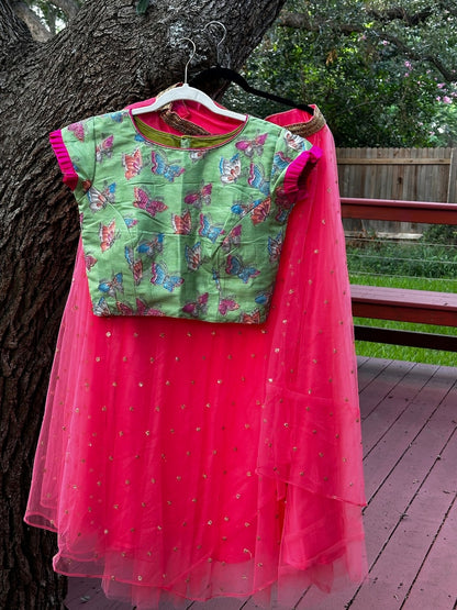 Crop Top | Designer Lehenga | Mehendi & Haldi Lehenga Choli | green pink Lehenga Set | Indian Wedding Guest Outfit | Pre Wedding Ceremony Dress