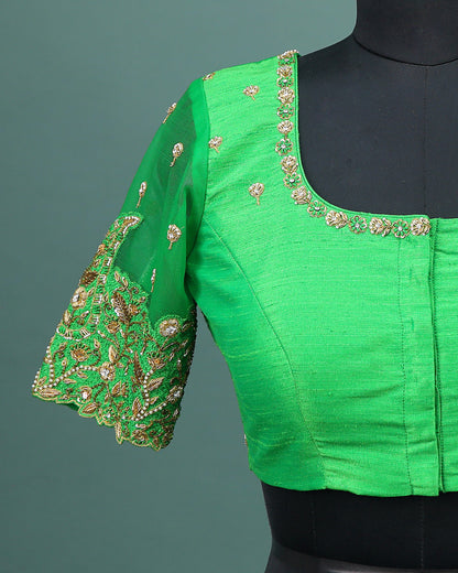 Maggam work Blouse for Saree – Green Blouse- Artisan Silk Blouse – Festive & Wedding Ethnic Wear