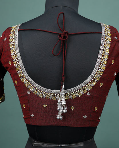 Maggam work Blouse for Saree – Maroon Blouse- Artisan Silk Blouse – Festive & Wedding Ethnic Wear