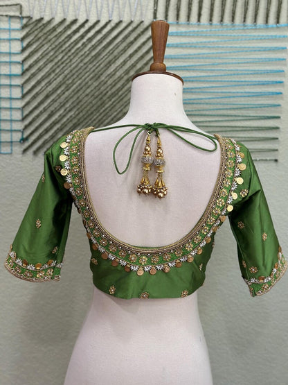 Maggam work Blouse for Saree – olive Green Blouse- Artisan Silk Blouse – Festive & Wedding Ethnic Wear