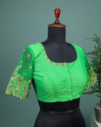 Maggam work Blouse for Saree – Green Blouse- Artisan Silk Blouse – Festive & Wedding Ethnic Wear
