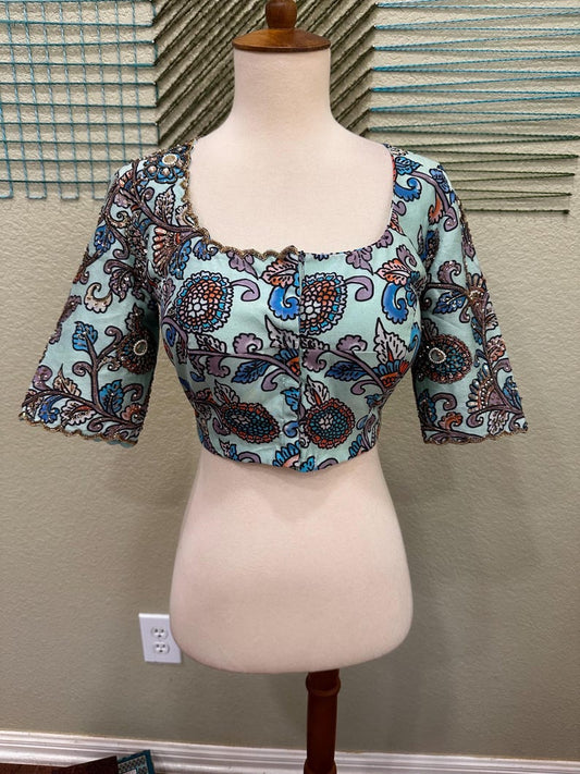 Maggam work Blouse for Saree – Blue Printed Blouse- Artisan Silk Blouse – Festive & Wedding Ethnic Wear