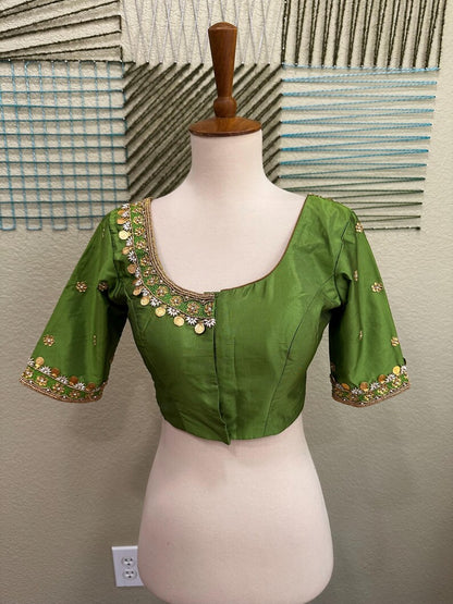Maggam work Blouse for Saree – olive Green Blouse- Artisan Silk Blouse – Festive & Wedding Ethnic Wear