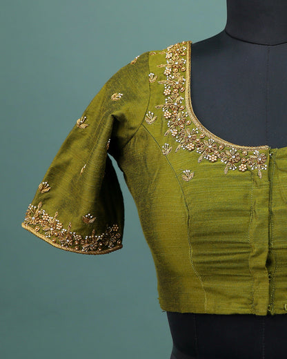 Maggam work Blouse for Saree – Olive Green Blouse- Artisan Silk Blouse – Festive & Wedding Ethnic Wear