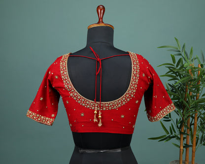 Maggam work Blouse for Saree – Red Blouse- Artisan Silk Blouse – Festive & Wedding Ethnic Wear