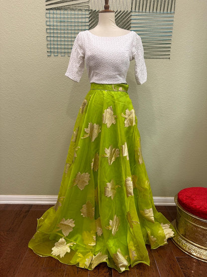 Crop Top | Designer Lehenga | Mehendi & Haldi Lehenga Choli | white green Lehenga Set | Indian Wedding Guest Outfit | Pre Wedding Ceremony Dress