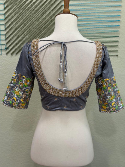 Maggam work Blouse for Saree – Gray Blouse- Artisan Silk Blouse – Festive & Wedding Ethnic Wear