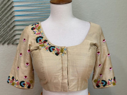 Maggam work Blouse for Saree – Beige Blouse - Artisan Silk Blouse – Festive & Wedding Ethnic Wear
