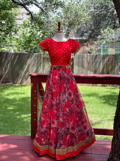 Crop Top | Designer Lehenga | Mehendi & Haldi Lehenga Choli | Red Floral Printed Lehenga Set |Indian Wedding Guest Outfit | Pre Wedding Ceremony Dress