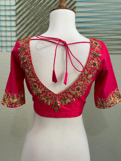 Maggam work Blouse for Saree – Red Blouse- Artisan Silk Blouse – Festive & Wedding Ethnic Wear