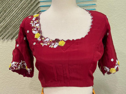 Maggam work Blouse for Saree –  red Blouse- Artisan Silk Blouse – Festive & Wedding Ethnic Wear