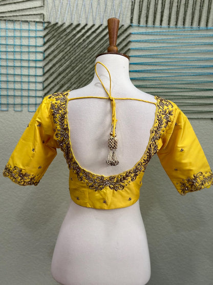 Maggam work Blouse for Saree – Yellow Blouse- Artisan Silk Blouse – Festive & Wedding Ethnic Wear