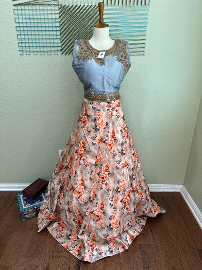 Crop Top | Designer Lehenga | Mehendi & Haldi Lehenga Choli | Blue Beige Lehenga Set | Indian Wedding Guest Outfit | Pre Wedding Ceremony Dress