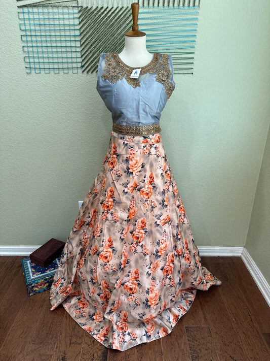 Crop Top | Designer Lehenga | Mehendi & Haldi Lehenga Choli | Blue Beige Lehenga Set | Indian Wedding Guest Outfit | Pre Wedding Ceremony Dress