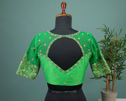Maggam work Blouse for Saree – Green Blouse- Artisan Silk Blouse – Festive & Wedding Ethnic Wear