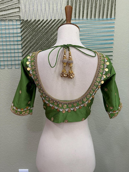 Maggam work Blouse for Saree – olive Green Blouse- Artisan Silk Blouse – Festive & Wedding Ethnic Wear