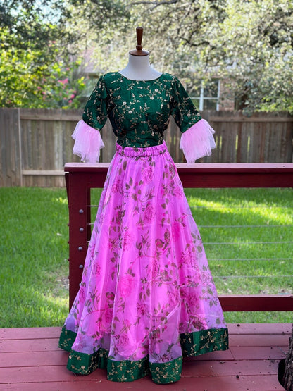 Crop Top | Designer Lehenga | Mehendi & Haldi Lehenga Choli | green pink Lehenga Set | Indian Wedding Guest Outfit | Pre Wedding Ceremony Dress